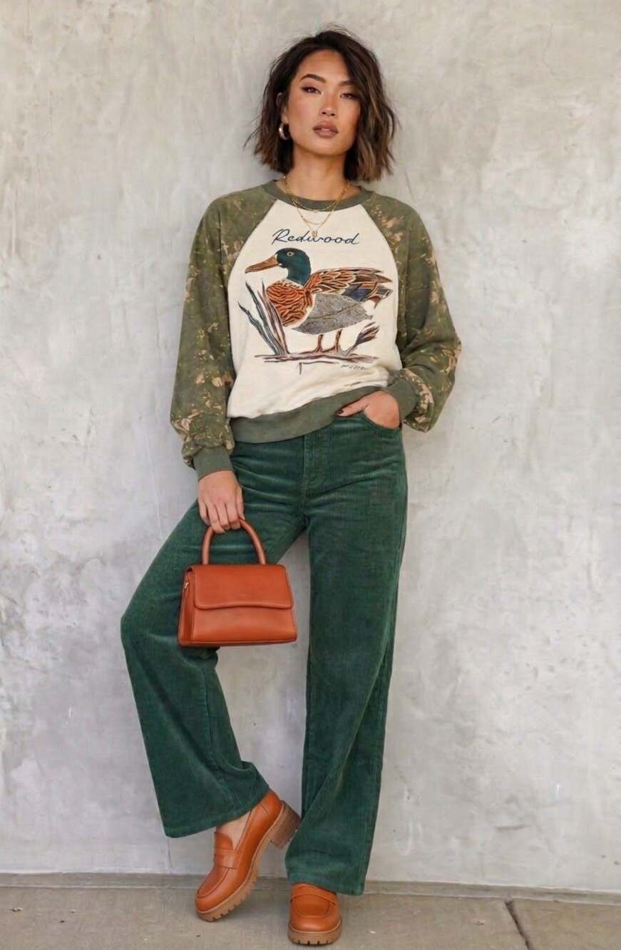 Pilcro Olive Green Raglan Duck Graphic Sweatshirt